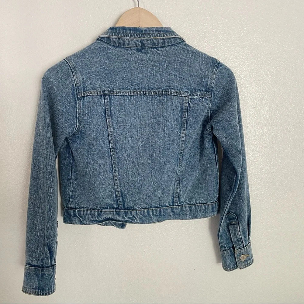 7 For All Mankind Wythe Girls Button Front Distressed Crop Denim Jean Jacket Y2K